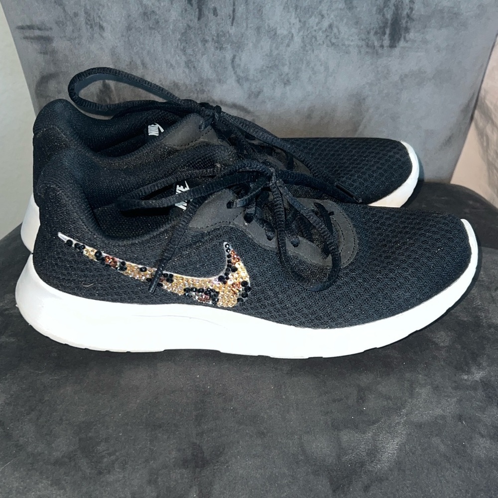 Rhinestone Nike Tanjun Black Sneakers with Animal Print Swoosh - Picture 3 of 10
